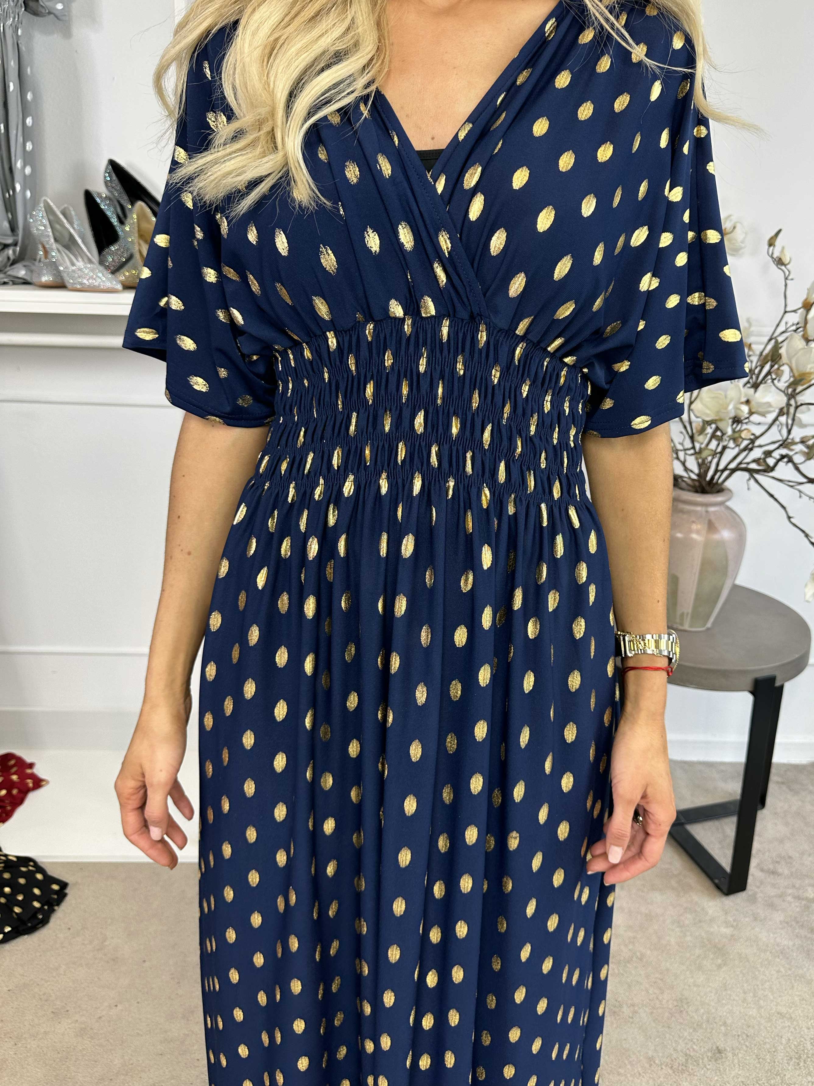 Pams Dot - Lang elastisk kjole med prikket detaljer